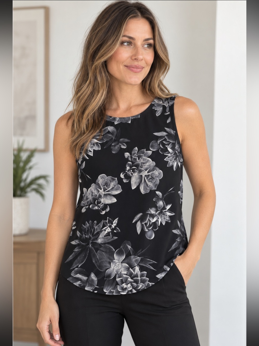 FIG Clothing Black Floral Sleeveless Blouse Top Size M